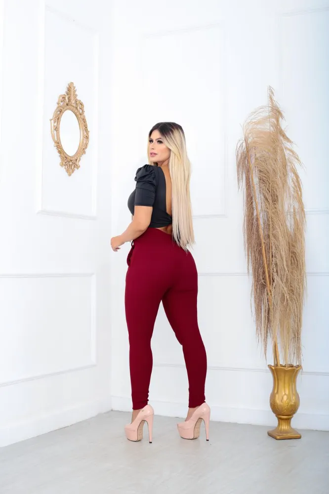 Calça leggings social Cor Vinho tecido pop com cinto fixo e com elástano cintura alta