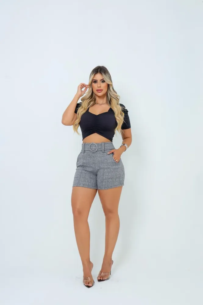 Short Feminino jackar linho Cinza Clara Mescla com cinto fixo com elastano