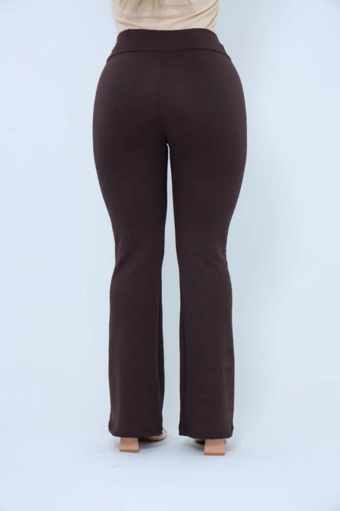 Calça flare Social Bailarina Jacquard linho Marrom com cinto fixo com bastante elastano e cintura alta - 4