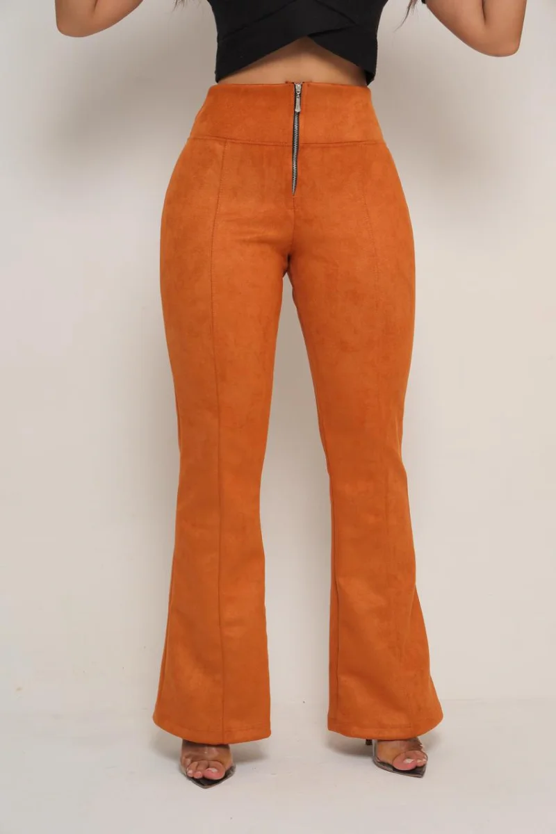 Calça Flare Escuba suede de zíper Cor caramelo - 4