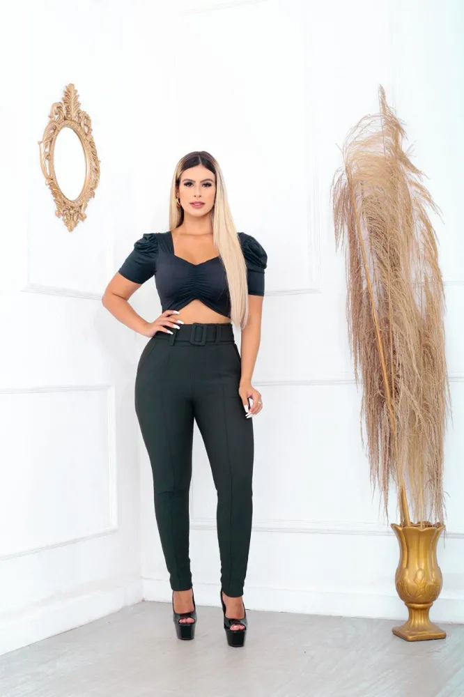 Calça leggings social Cor Verde Musgo tecido pop com cinto fixo e com elástano cintura alta