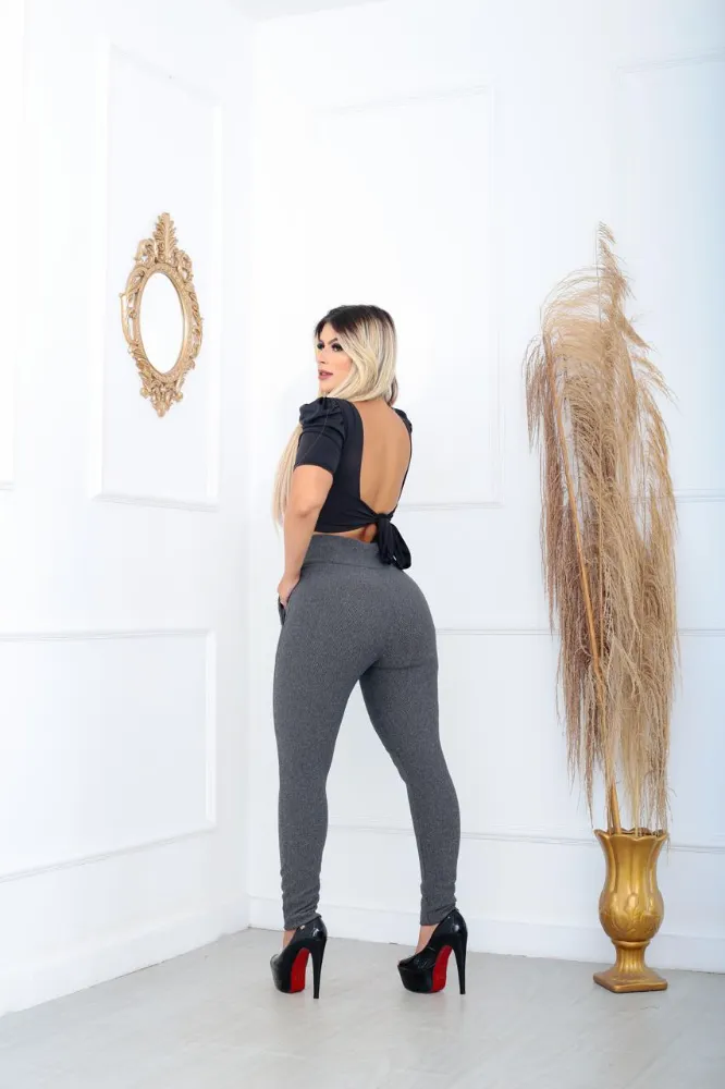 Calça leggings social Cor Grafite tecido pop com cinto fixo e com elástano cintura alta - 4