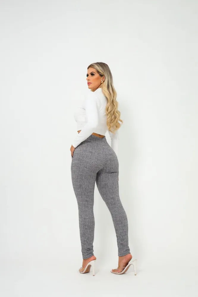 Calça leggings feminino skinny jackar mesclas Cinza claro tecido linho com cinto fixo com muito elastano - 4