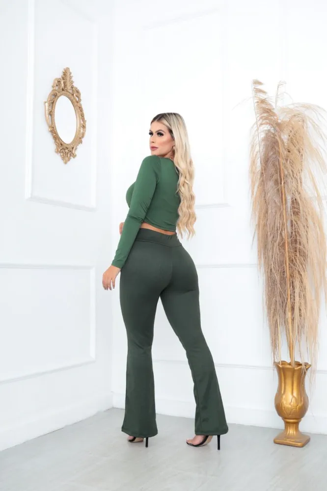 Calça flare Cor Verde Musgo Mesclada Social Bailarina Jacquard linho com cinto fixo com bastante elastano e cintura alta - 3
