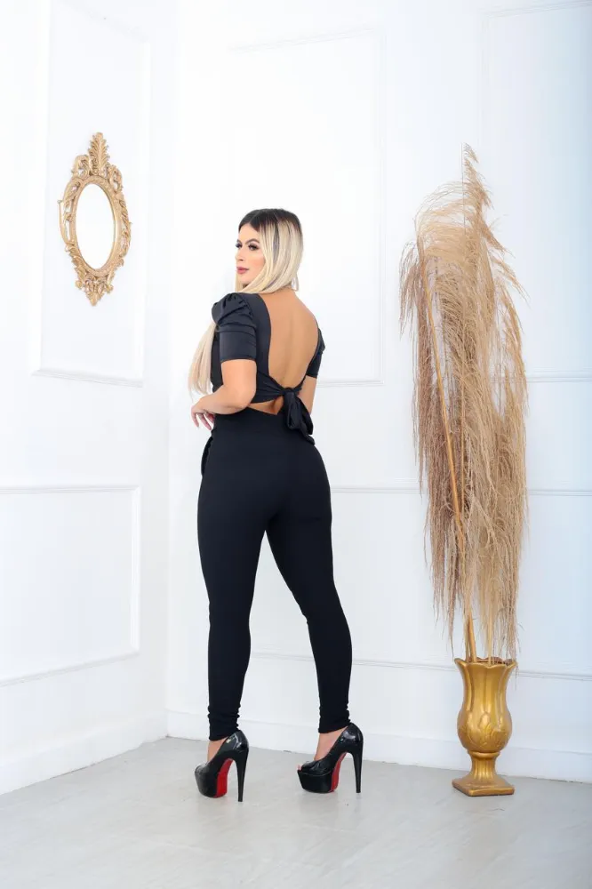 Calça leggings social Cor Preta tecido pop com cinto fixo e com elástano cintura alta - 4