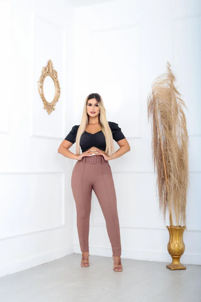 Calça leggings social Cor Kaki tecido pop com cinto fixo e com elástano cintura alta