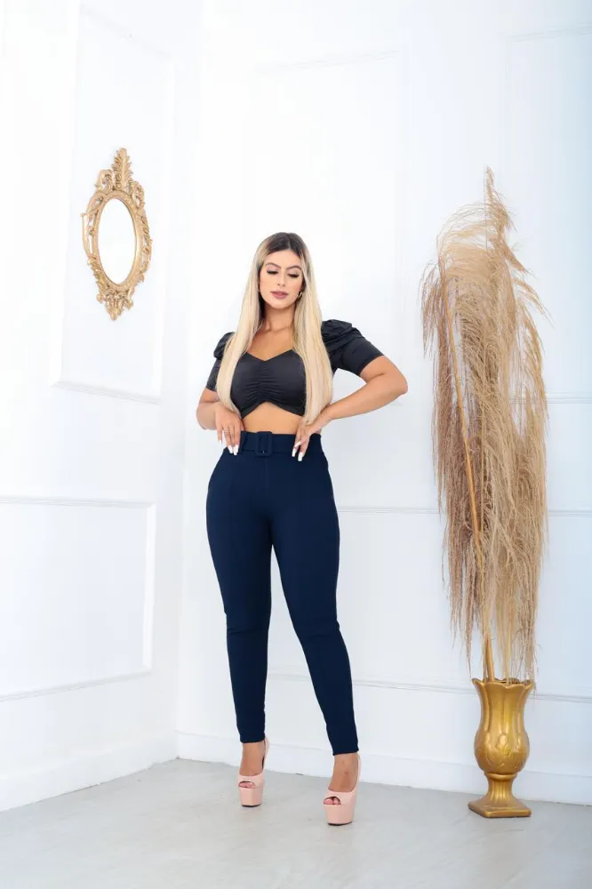 Calça leggings social Cor Azul Marinho tecido pop com cinto fixo e com elástano cintura alta