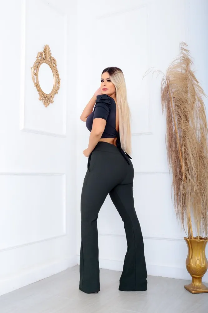 Calça Flare social bailarina Cor Verde Musgo tecido pop com cinto fixo cintura alta com elastano - 2