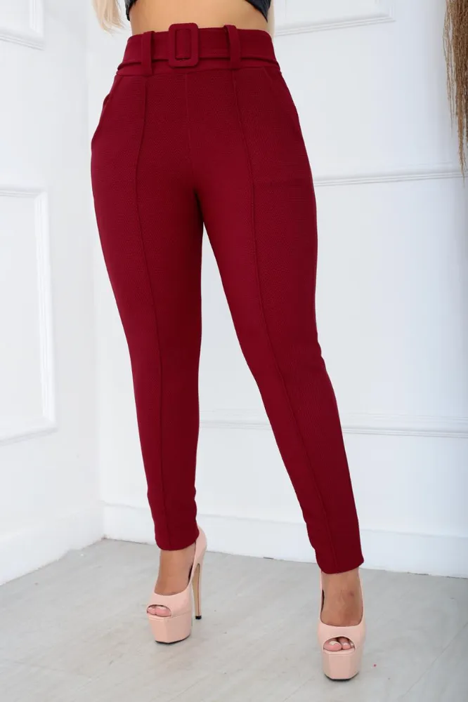 Calça leggings social Cor Vinho tecido pop com cinto fixo e com elástano cintura alta - 2