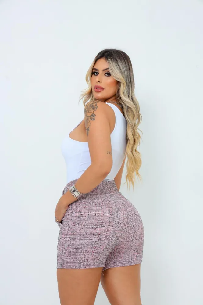Short Feminino jackar linho Rosa Mesclada com cinto fixo com elastano