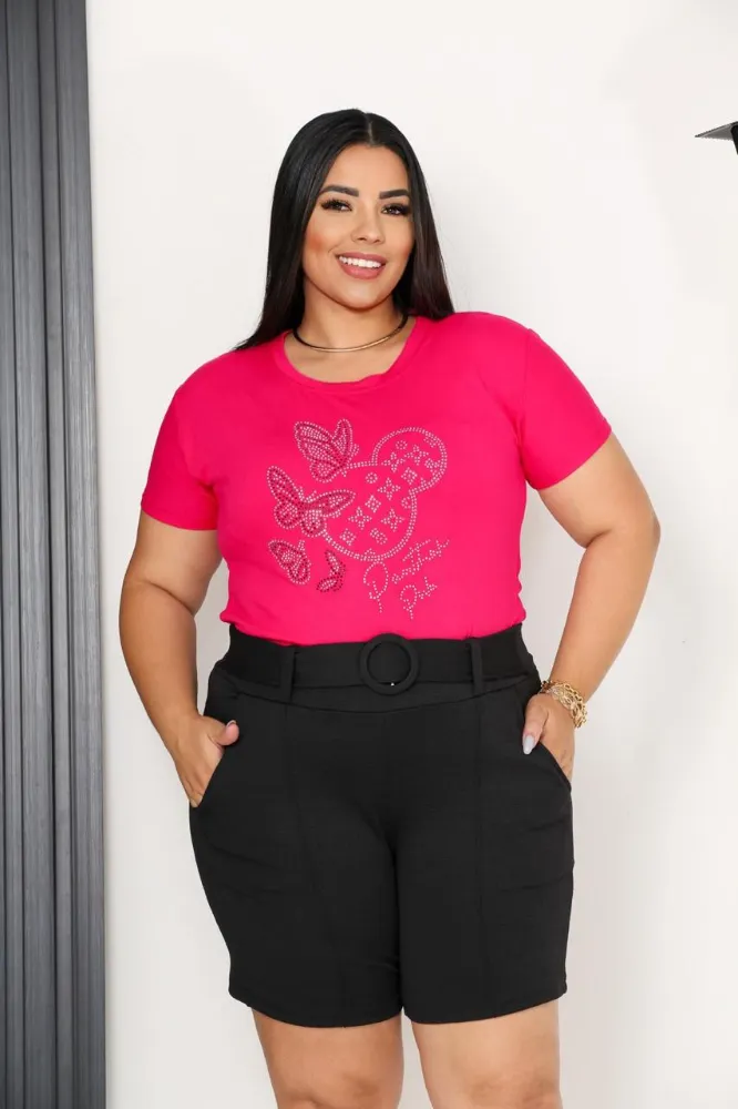 Shorts feminina plus Size jackar linho Preto liso mesclado com cinto fixo