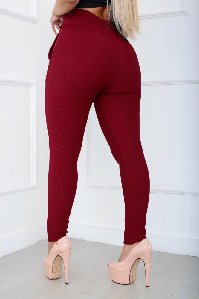 Calça leggings social Cor Vinho tecido pop com cinto fixo e com elástano cintura alta - 3