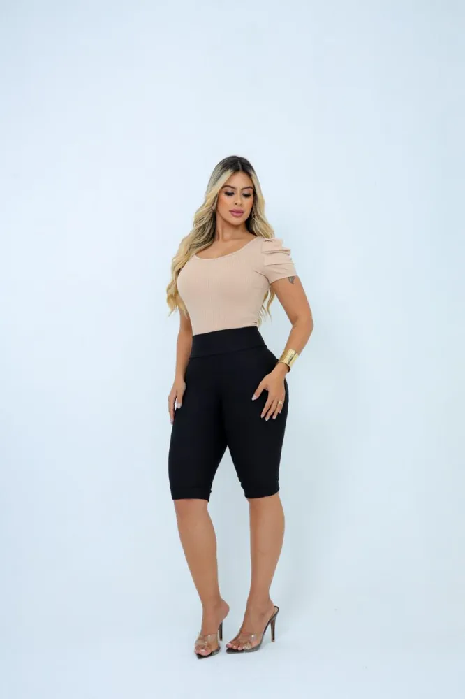 Bermuda Jeans Cotton Malha PA Preta lisa Cintura Alta