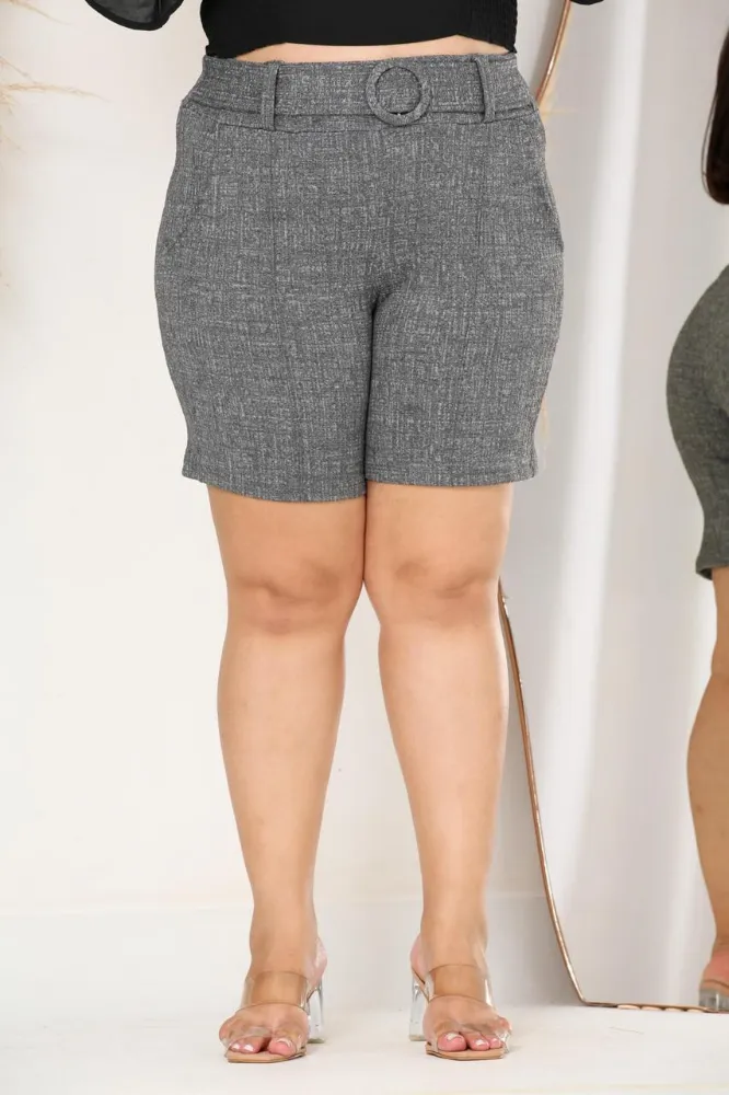 Shorts feminina plus Size jackar linho Cinza claro mesclado com cinto fixo - 2