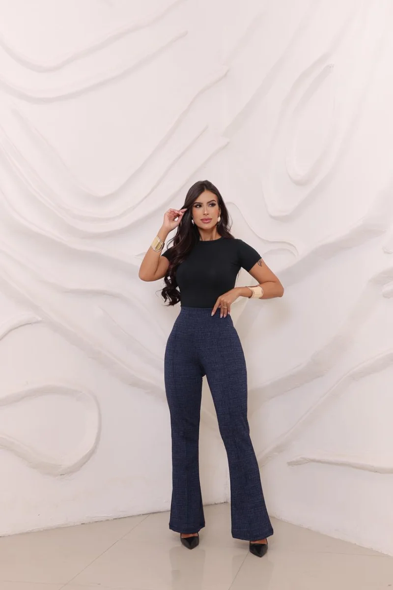 Flare jackar linho com bolso atrás – Azul mescla