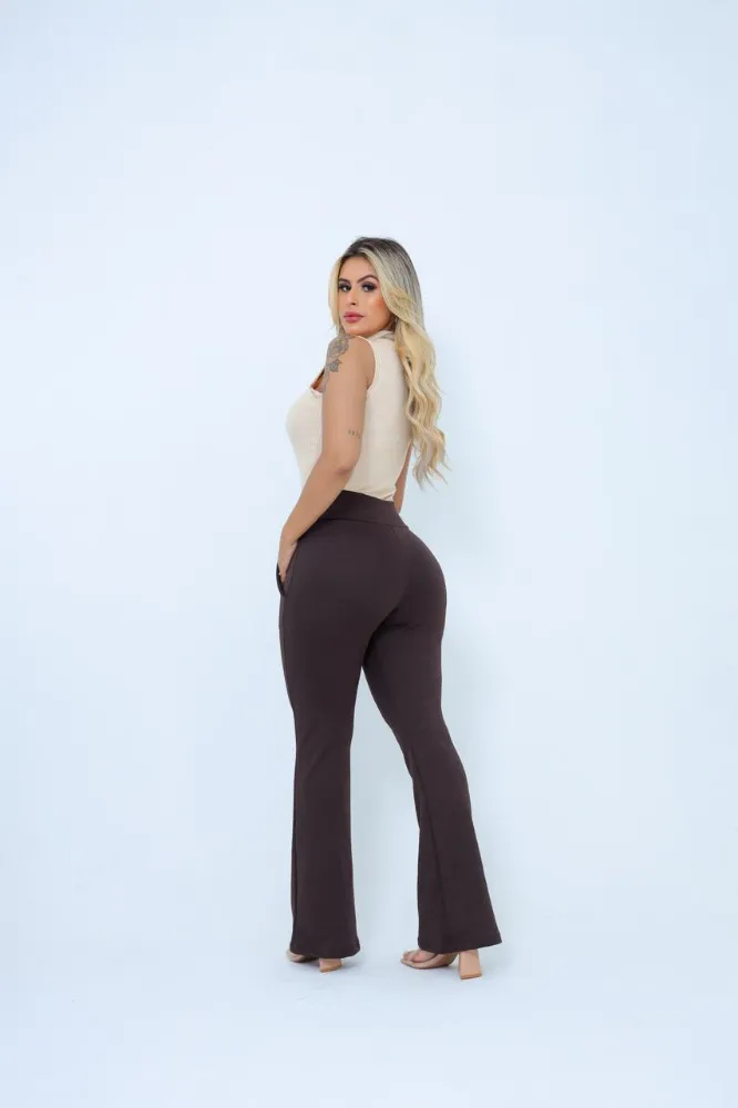Calça flare Social Bailarina Jacquard linho Marrom com cinto fixo com bastante elastano e cintura alta - 2