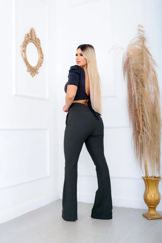 Calça Flare social bailarina Cor Verde Musgo tecido pop com cinto fixo cintura alta com elastano - 3