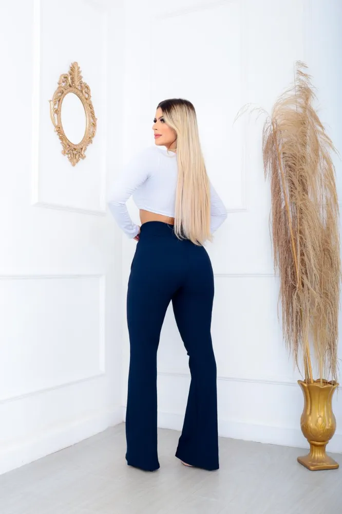 Calça Flare social bailarina Cor Azul marinho tecido pop com cinto fixo cintura alta com elastano - 2