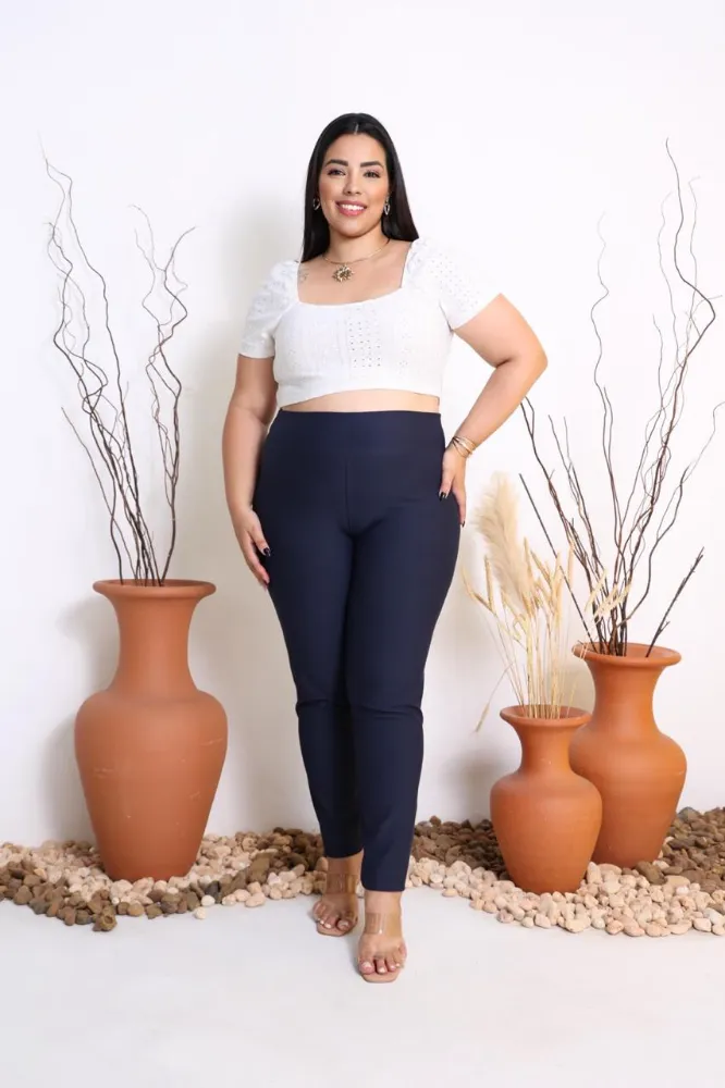 Calça Legging Jeans Malha Cotton Azul Marinho Plus Size feminina