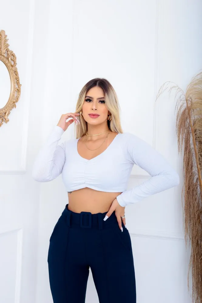 Calça Flare social bailarina Cor Azul marinho tecido pop com cinto fixo cintura alta com elastano - 4