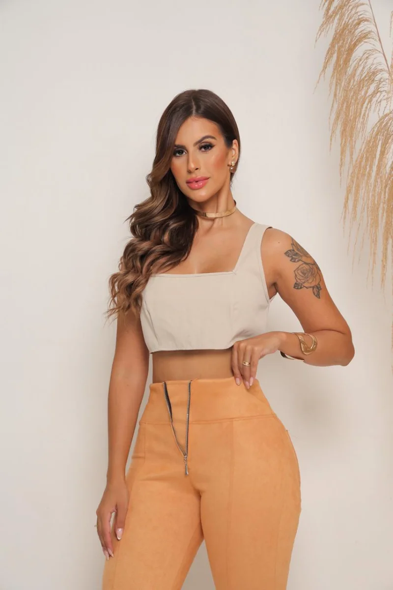 Calça Flare Escuba suede de zíper Cor Bege - 4