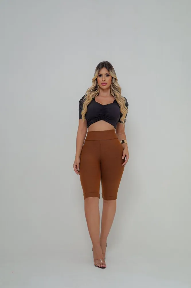 Bermuda Jeans Cotton Malha PA Cor Caramelo Cintura Alta - 2