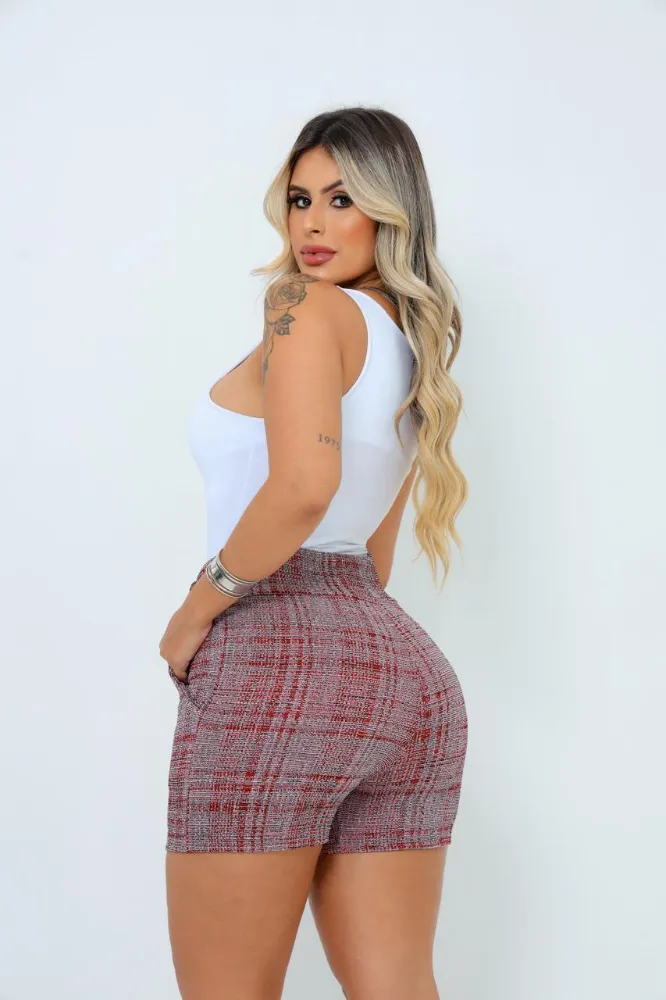Short Feminino jackar linho Vermelha Mesclada com cinto fixo com elastano