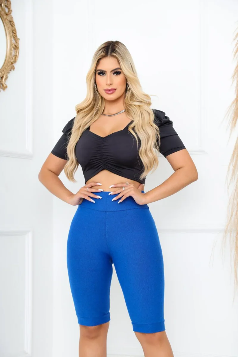 Bermuda Jeans Cotton Malha PA Cor Azul Cintura Alta com um belo comprimento - 2