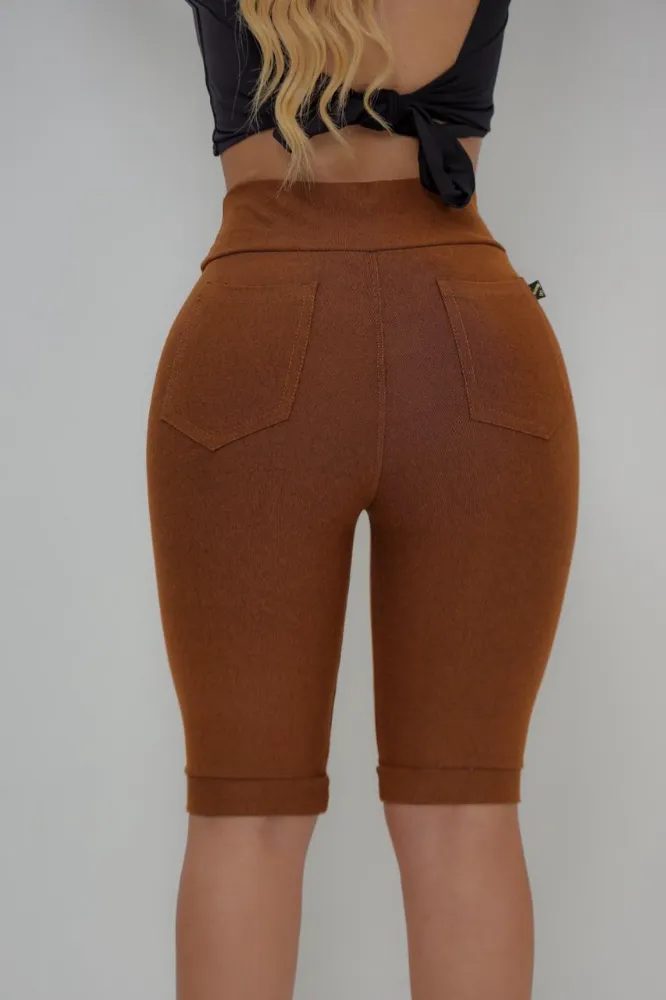 Bermuda Jeans Cotton Malha PA Cor Caramelo Cintura Alta - 4