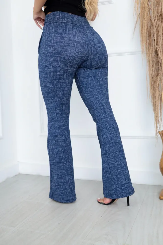 Calça flare Cor Azul Mesclada Social Bailarina Jacquard linho com cinto fixo com bastante elastano e cintura alta - 3