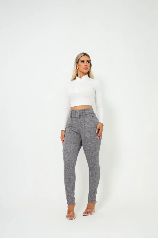 Calça leggings feminino skinny jackar mesclas Cinza claro tecido linho com cinto fixo com muito elastano
