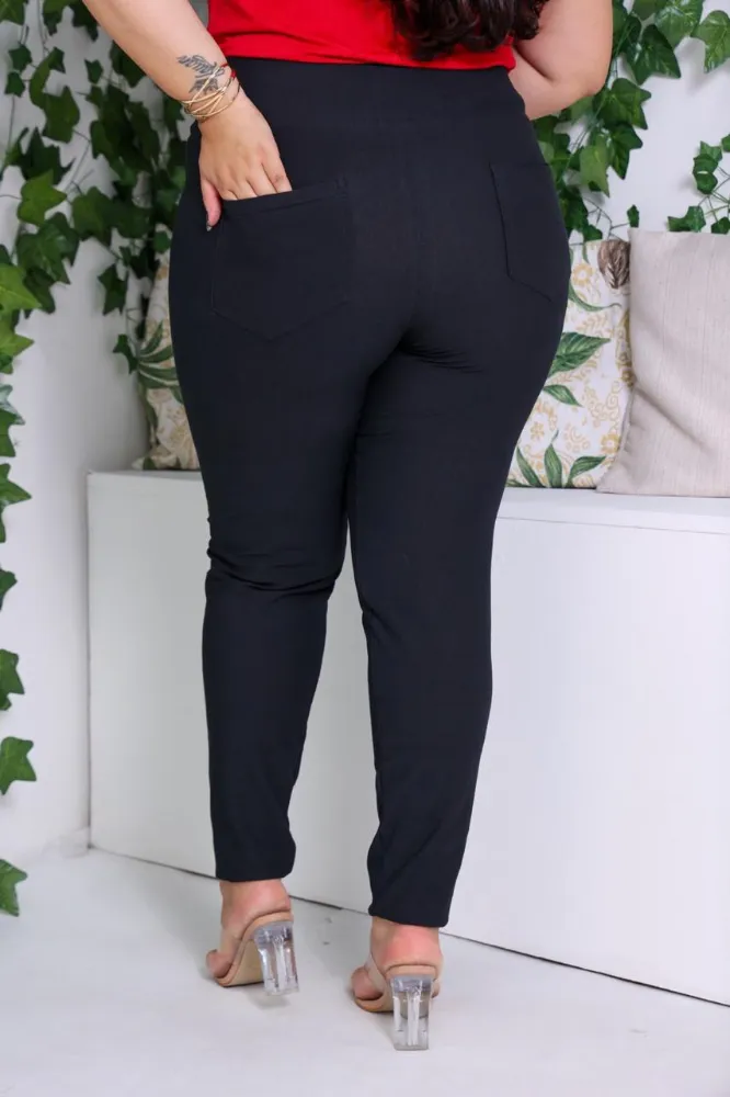 Calça Legging Jeans Malha Cotton Preto liso Plus Size feminina - 2