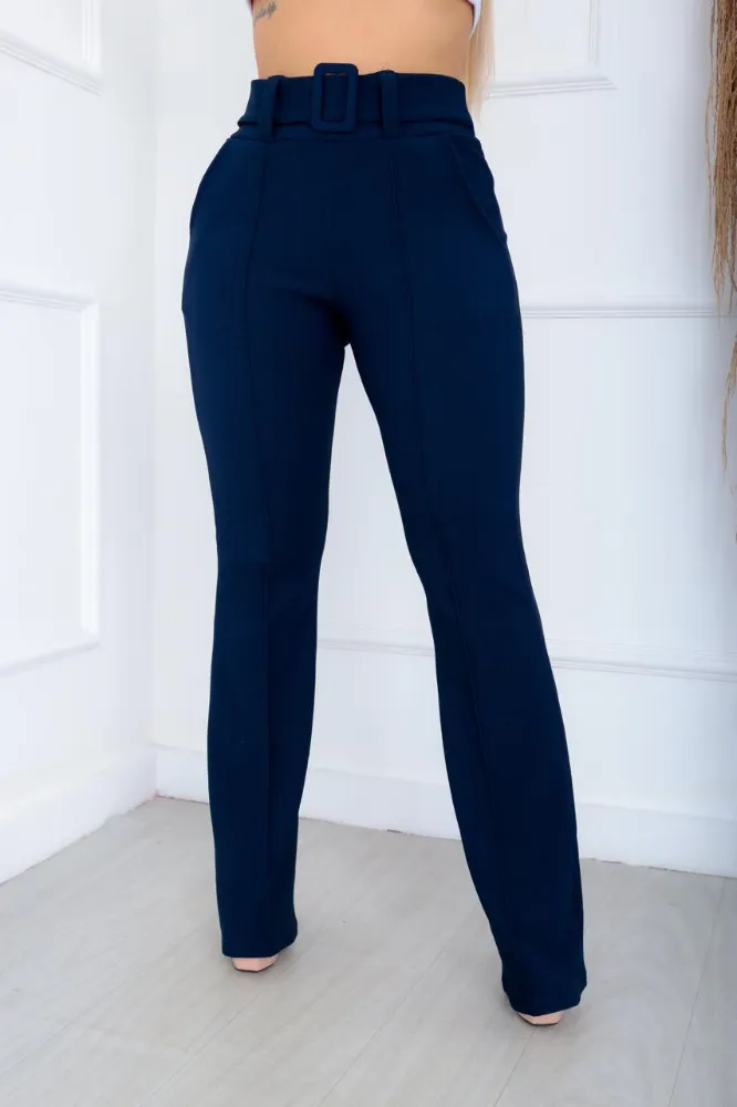 Calça Flare social bailarina Cor Azul marinho tecido pop com cinto fixo cintura alta com elastano - 3