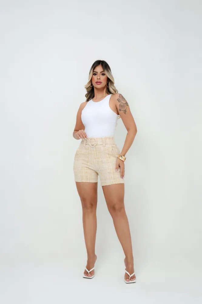Short Feminino jackar linho Caramelo Mescla com cinto fixo com elastano - 3